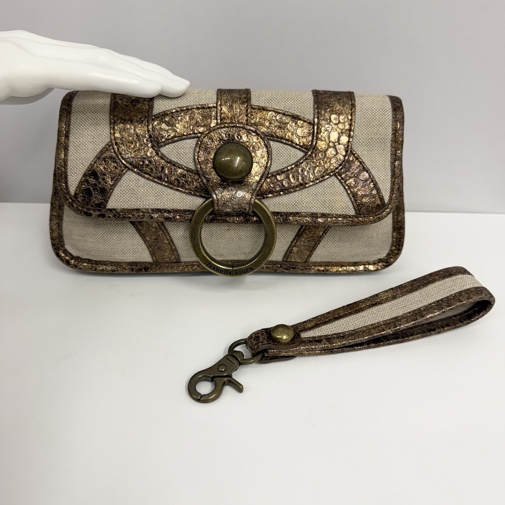 Isabella Fiore Clutch Bag Purse City Lights Clara Bronze Flax Leather & Linen